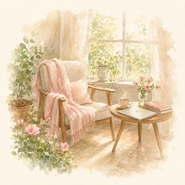 A peaceful watercolor reading corner with an armchair, warm tea, and soft morning light