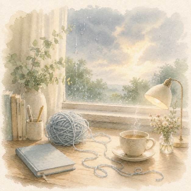 A gentle watercolor desk scene with yarn, books, tea, and rain outside the window