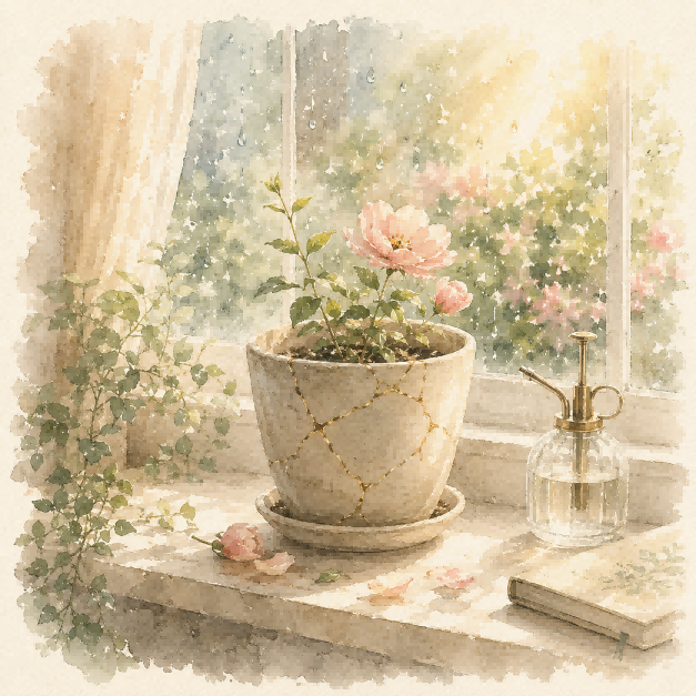A watercolor windowsill with a repaired flowerpot and delicate pink blossoms
